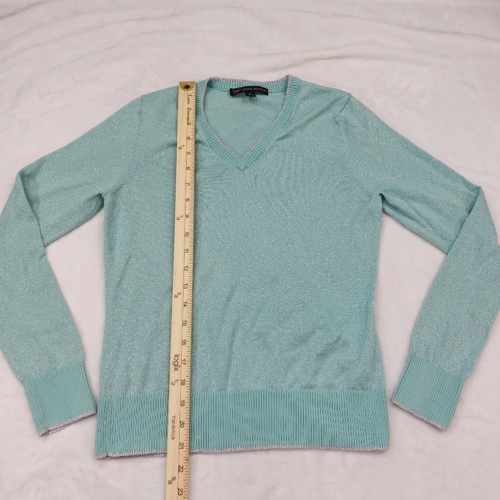 BROOKS BROTHERS 346 WOMENS BLUE AND SILVER METALLIC THREAD V-NECK SWEATER SIZE S - Picture 4 of 8